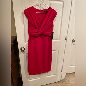 David Meister Red Draped V-Neck Midi Sheath Dress